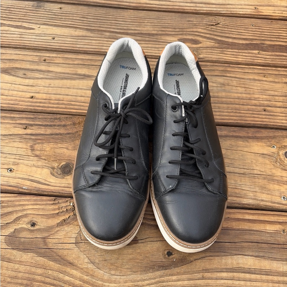 Johnston & Murphy Men's Black Leather Low-Top Golf Sneakers with Tan Trim